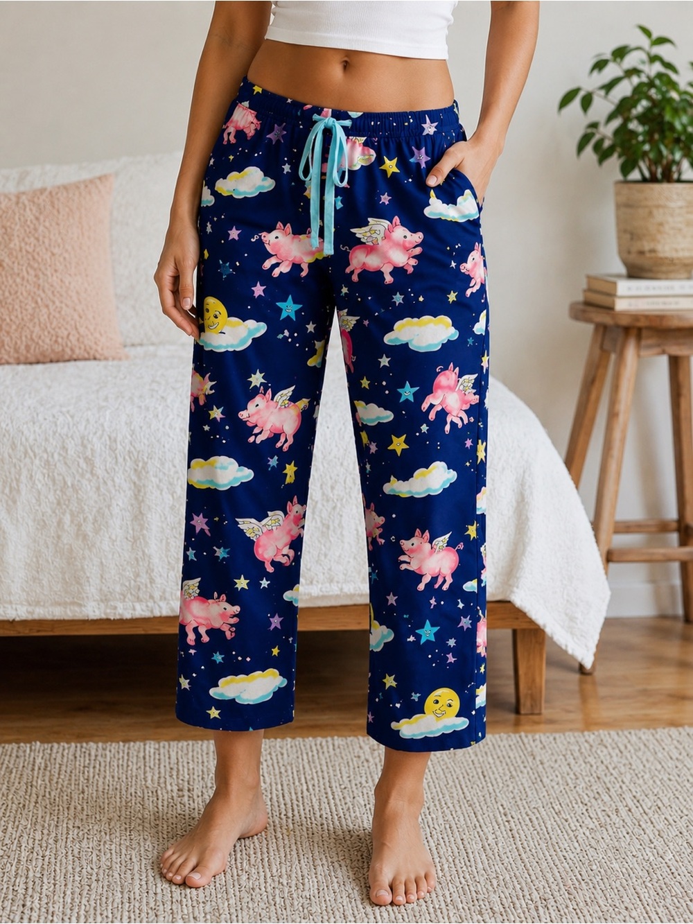Vintage Nick & Nora Flying Pig Pajama Pants Large Y2K